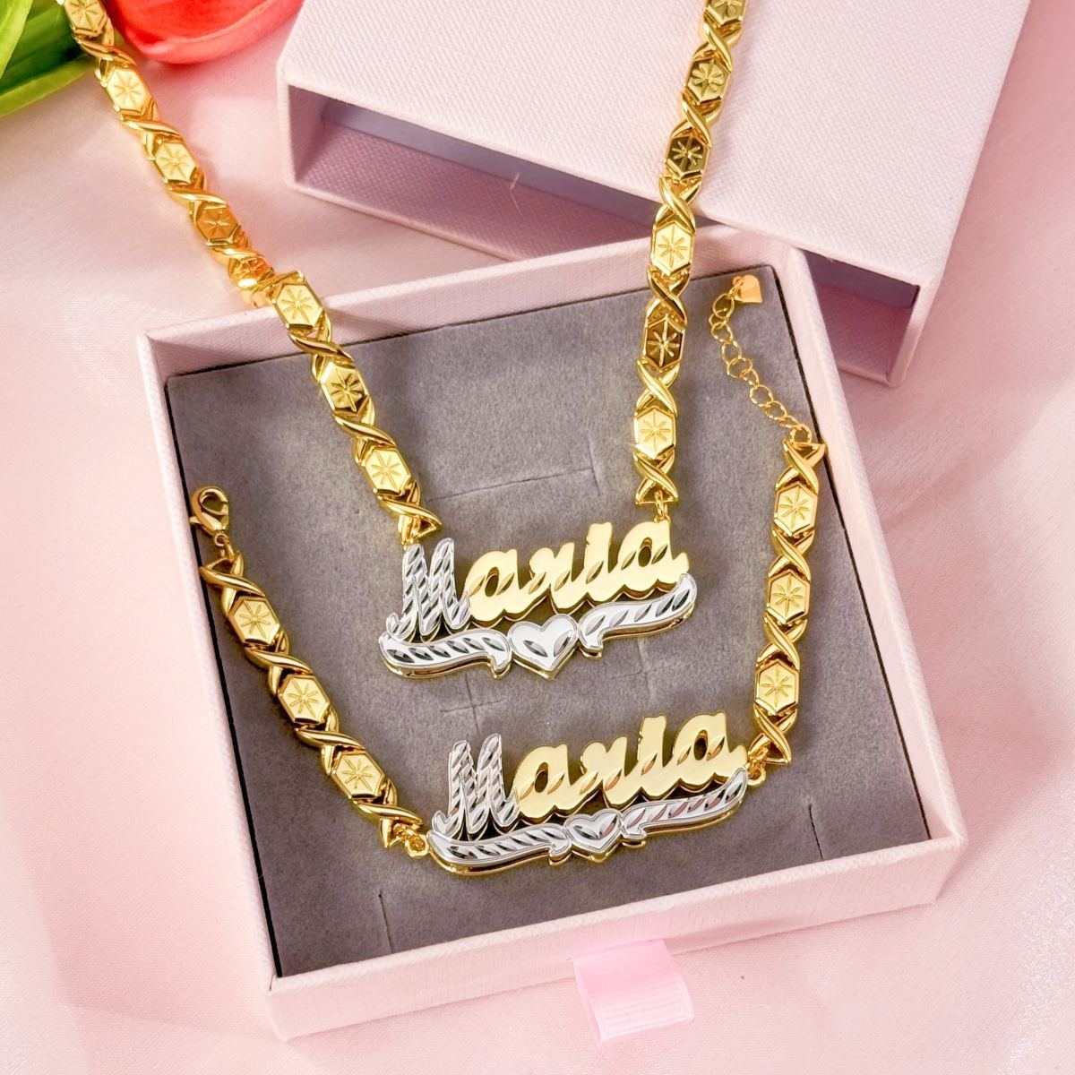 Double Layer Two Tone Heart with XOXO Chain Personalized Custom Necklace And Bracelet Set