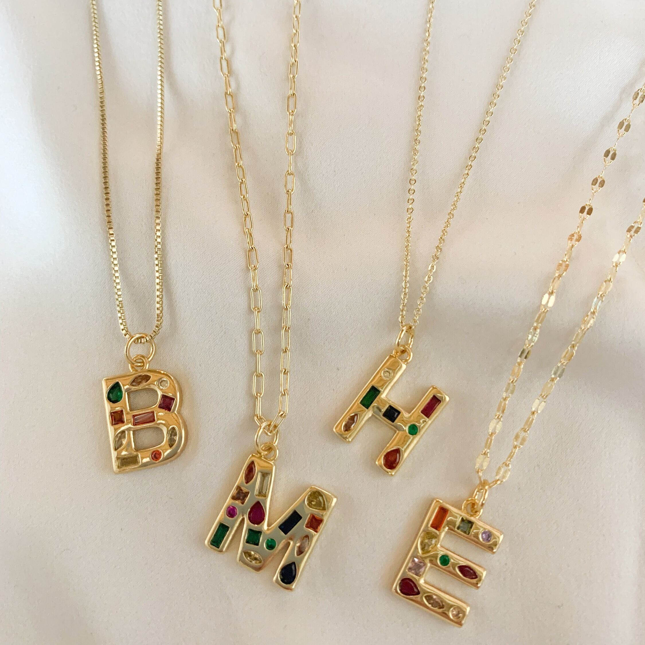 Multi-Color Rainbow CZ Gemstones Initial Letter Necklace