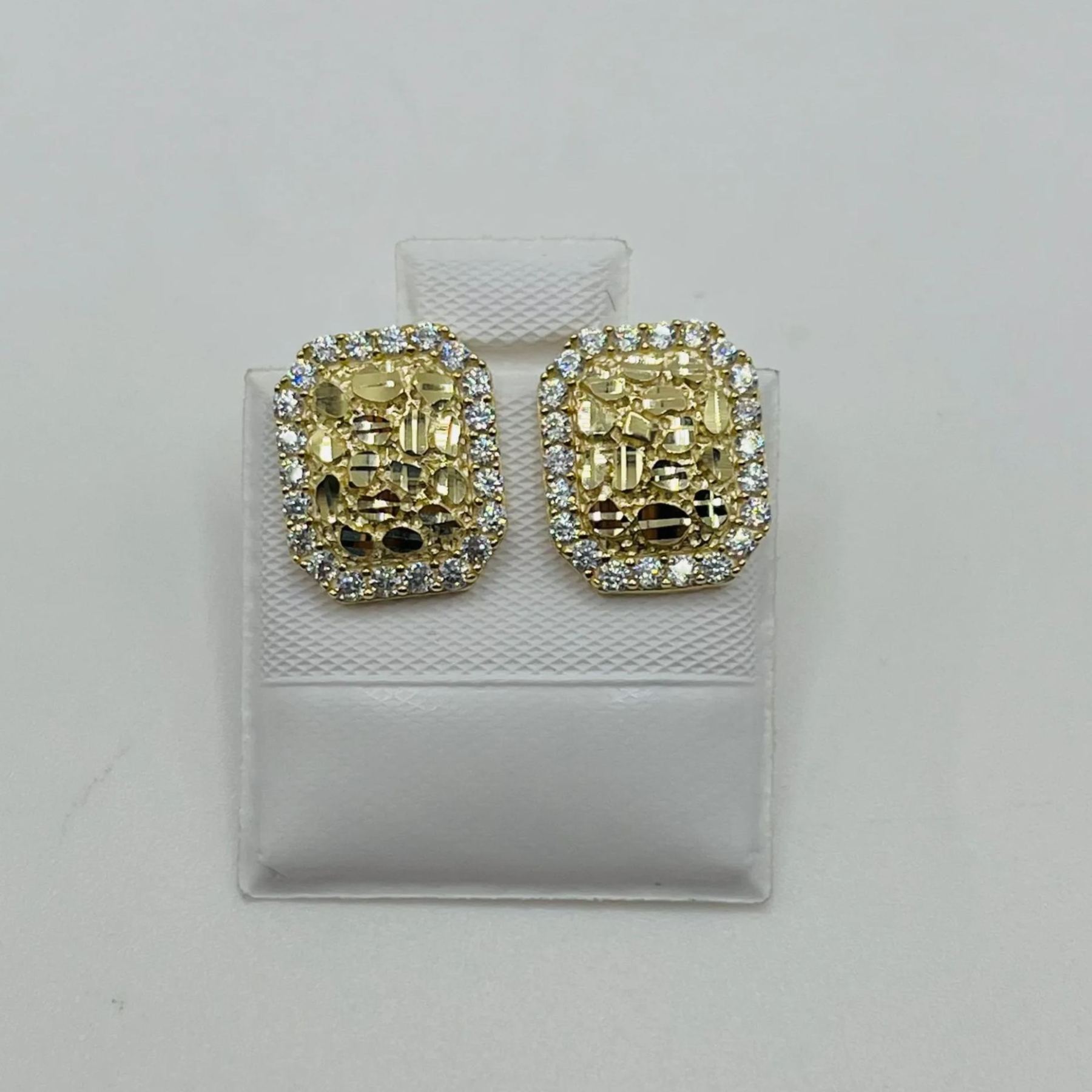 Gold Plated Rectangle Nugget Cz Border Earrings
