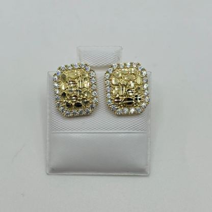Gold Plated Rectangle Nugget Cz Border Earrings