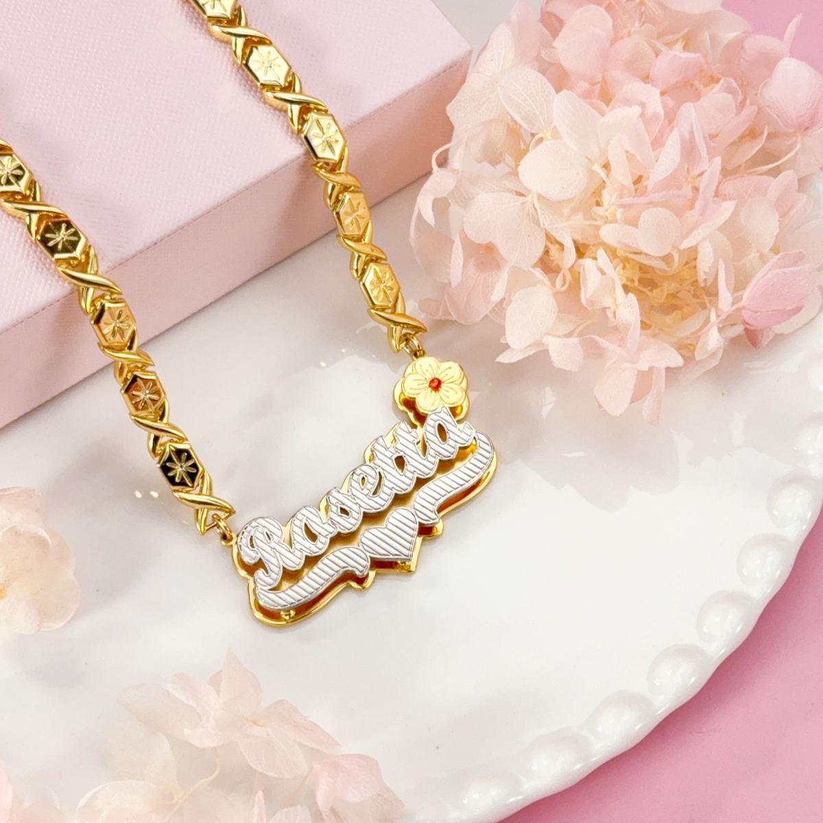 Double Plate Birthstone Flower Heart Name Necklace with XOXO Chain 