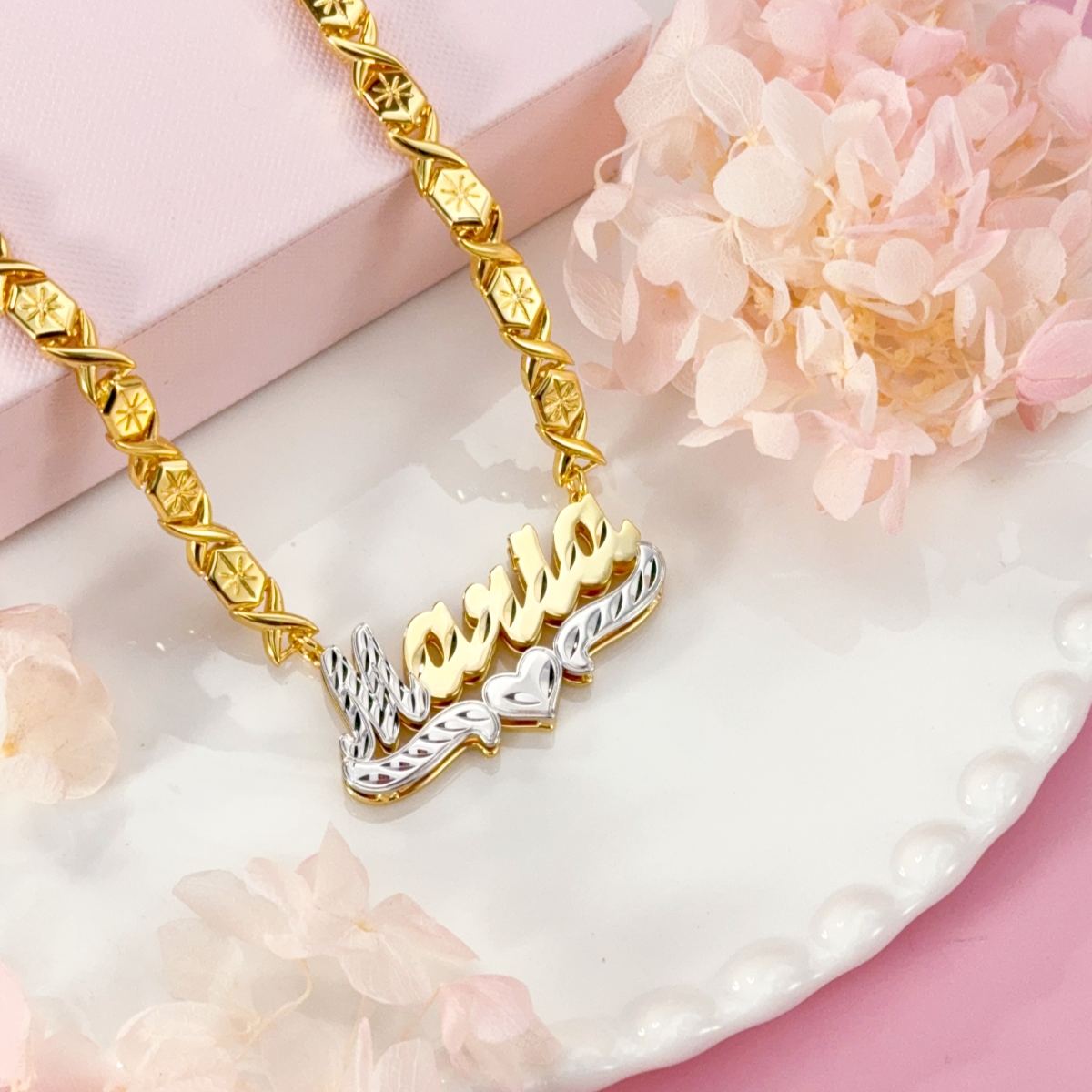 XOXO Chain Personalized Double Layer Gold Plated Name Necklace with Heart 