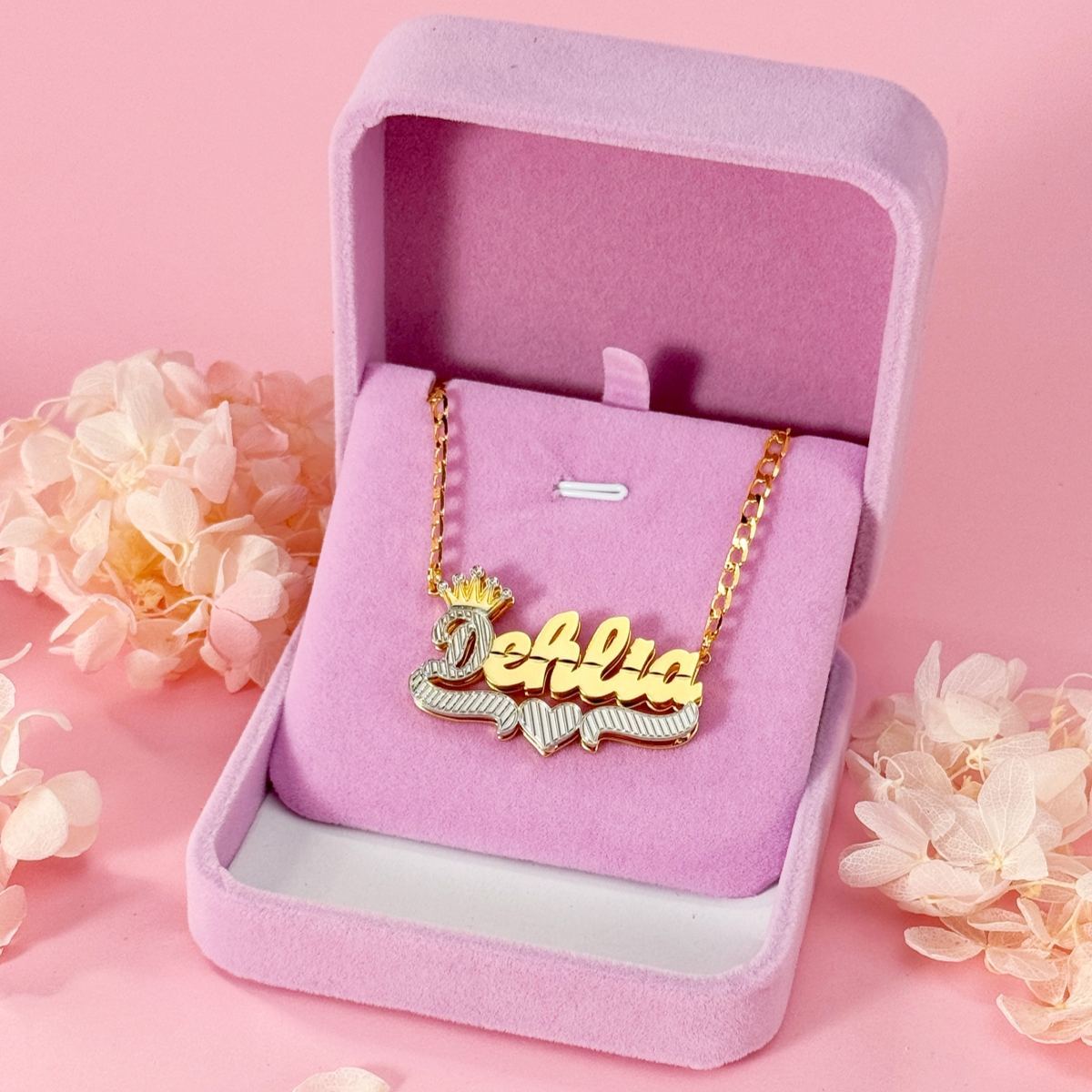 Double Layer Two Tone Nameplate Crown Heart Personalized Custom Gold Plated Name Necklace