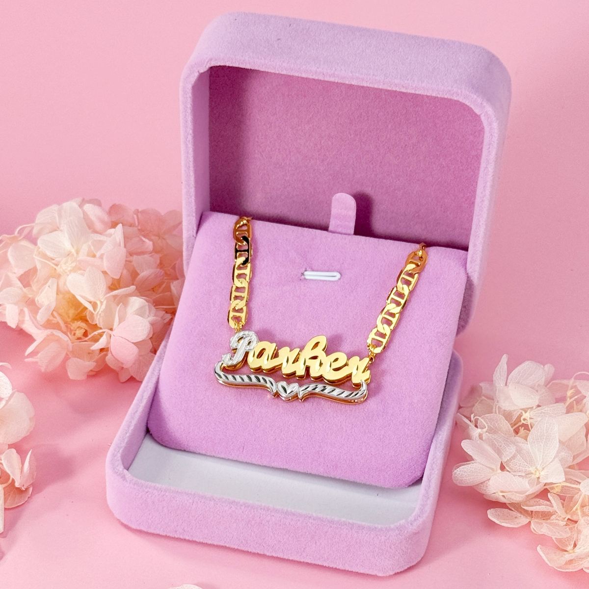 Marine Chain Personalized Double Layer Two Tone Heart Name Necklace