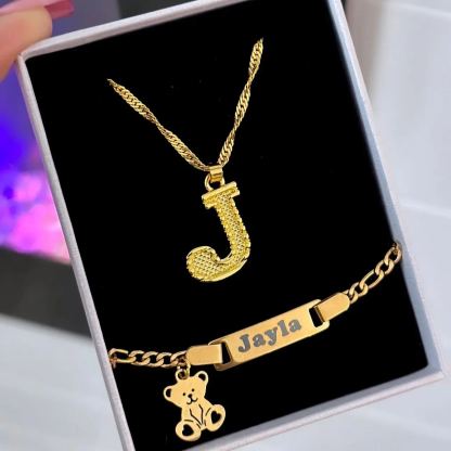 Gold Plated Bear Initial Custom Necklace & Bracelet Jewelry Set