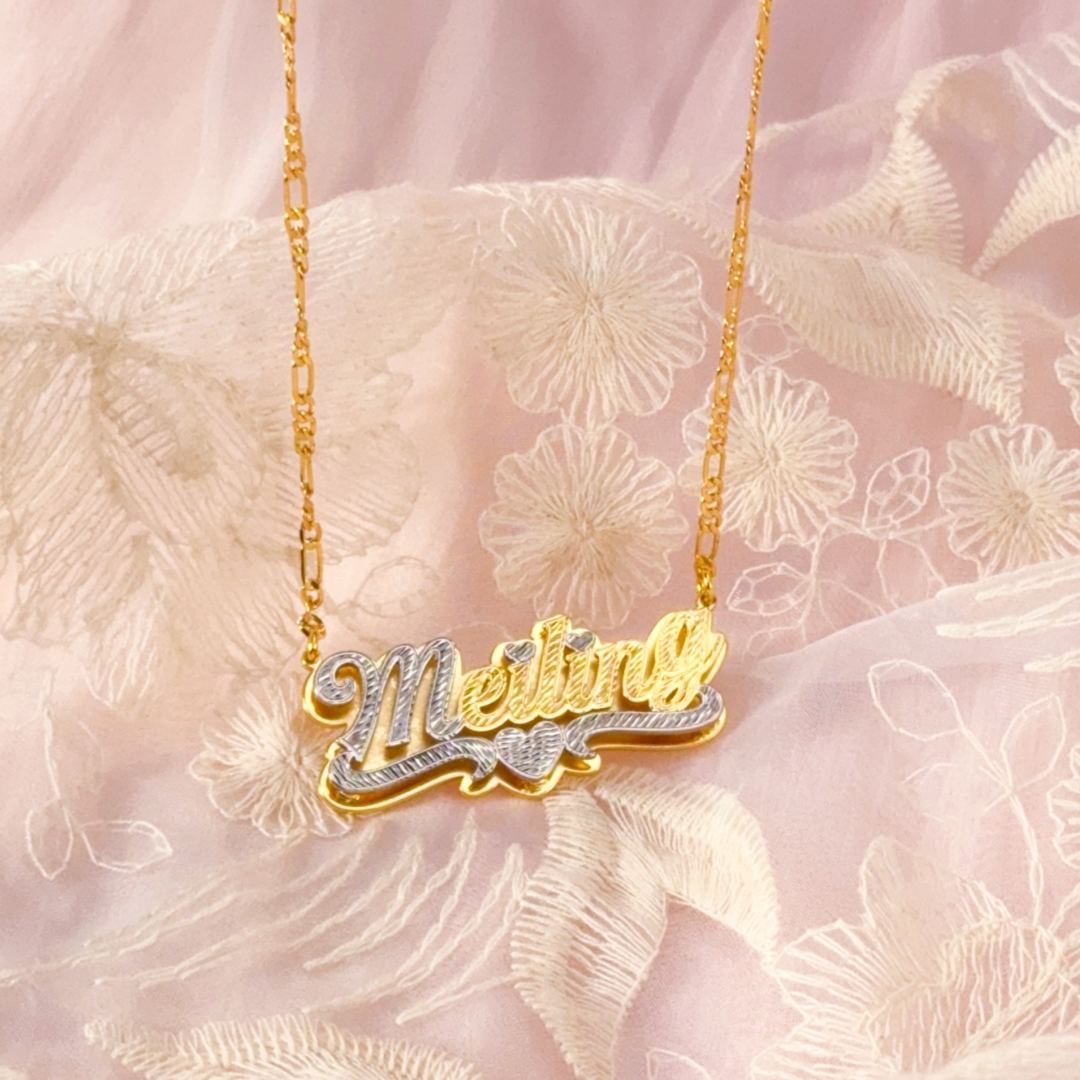 Two Tone Double Layer Gold Plated Personalized Custom Heart Nameplate Necklace