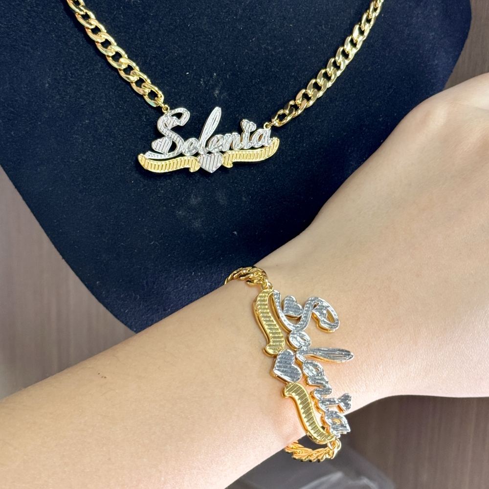 Personalized Two Tone Diamond Cut 3D Heart Name Necklace and Bracelet Set