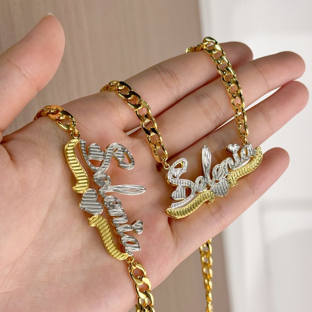 Personalized Two Tone Diamond Cut 3D Heart Name Necklace and Bracelet Set