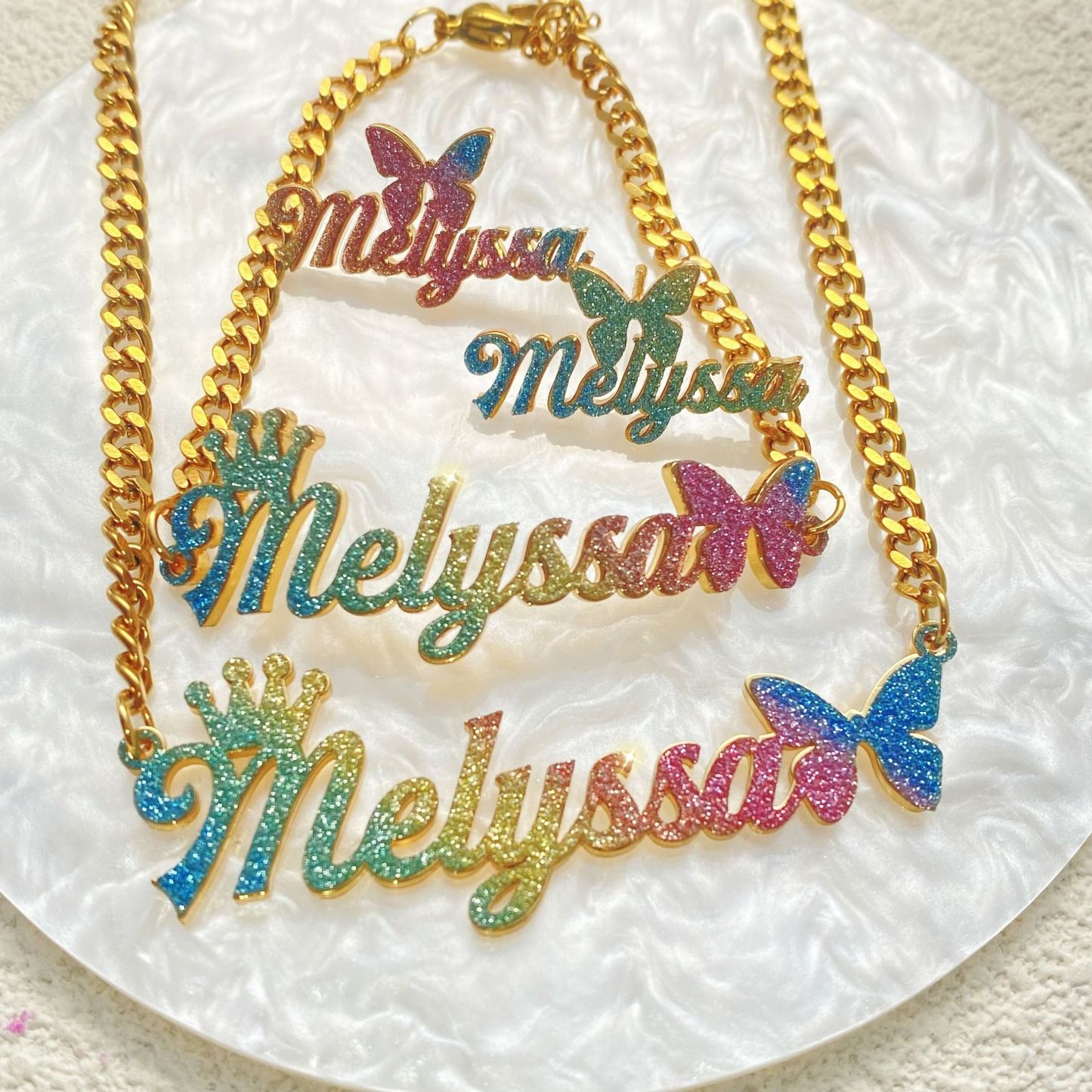 Personalized Baby Kids Bling Colorful Jewelry Set Name Earrings & Necklace & Bracelet