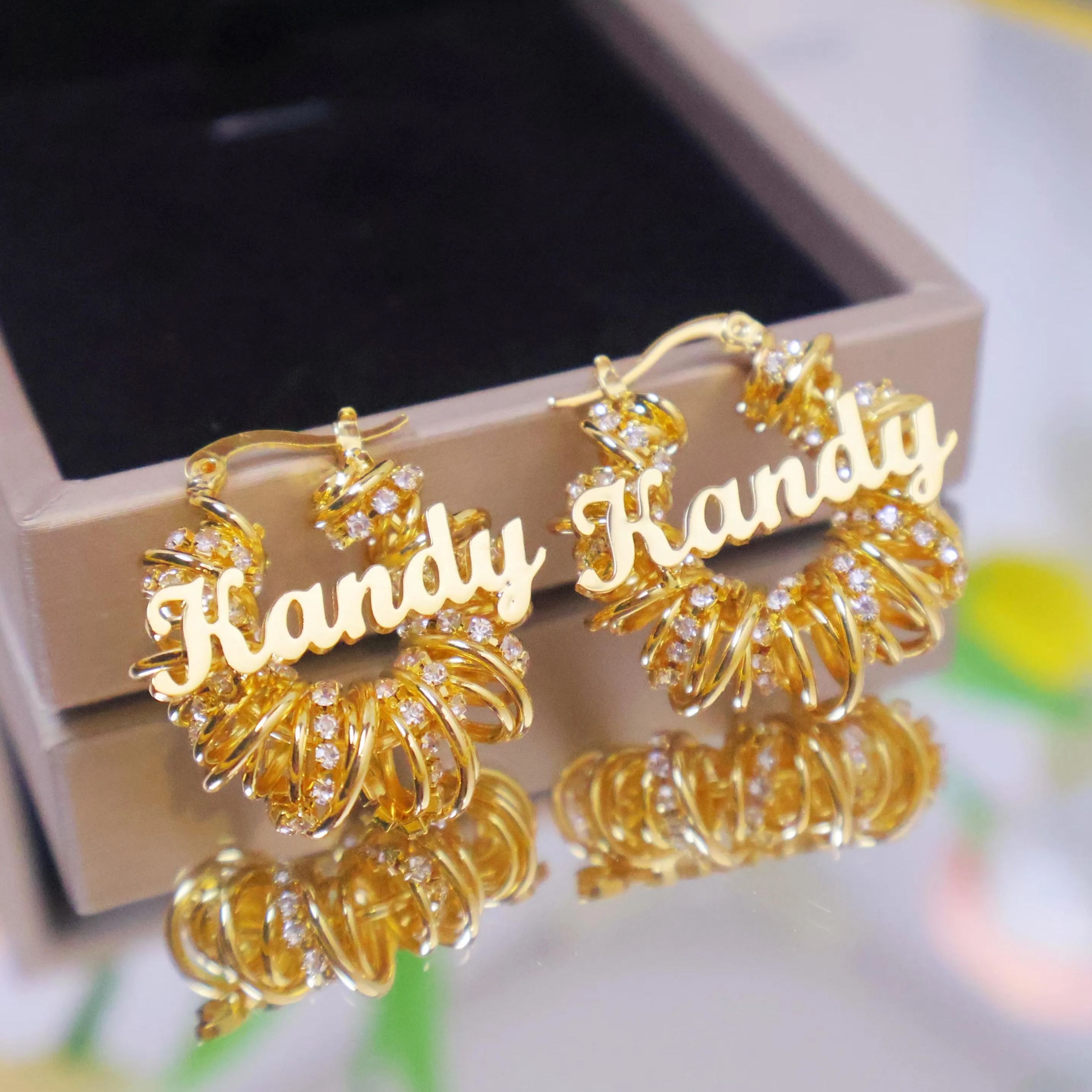 Gold Plated Rhinestones Mini Hoop Name Earrings