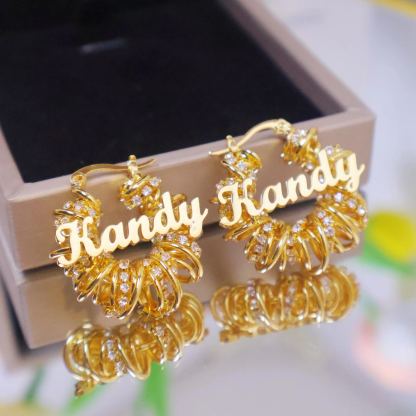 Gold Plated Rhinestones Mini Hoop Name Earrings