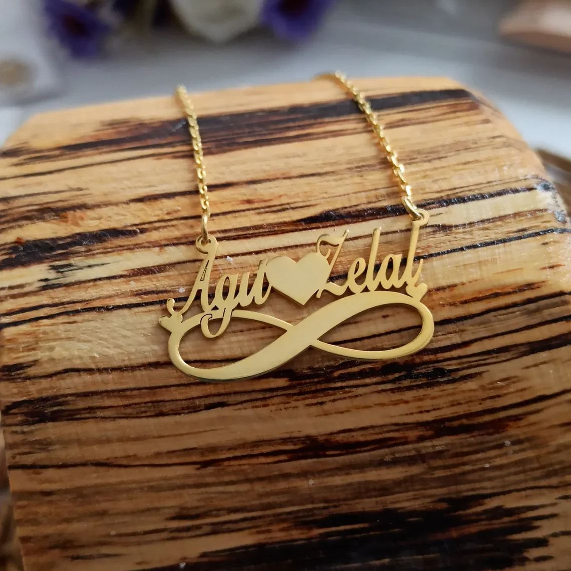 [Copy]Couple Gift Personalized Heart Two Names Necklace Gold Plated