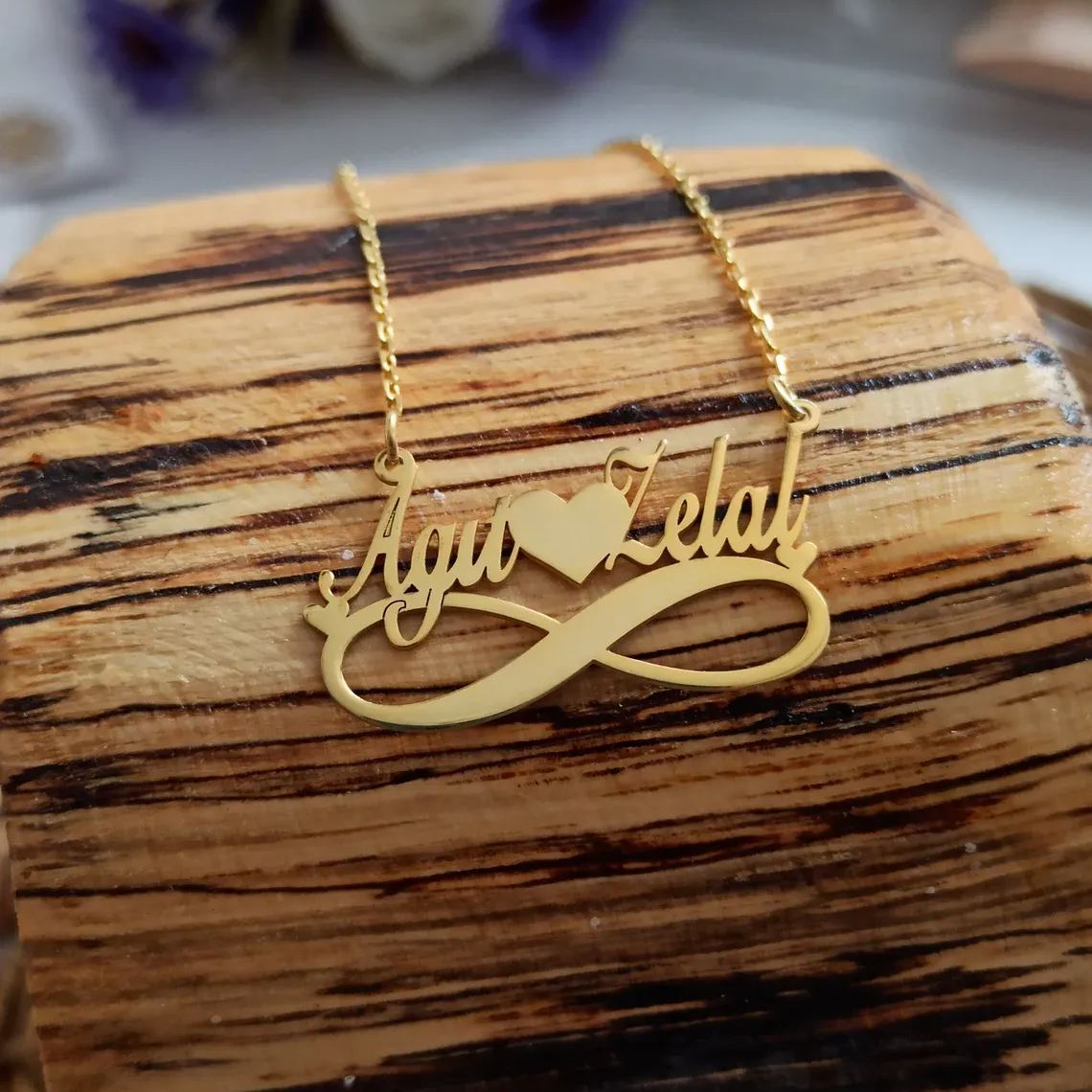 [Copy]Couple Gift Personalized Heart Two Names Necklace Gold Plated