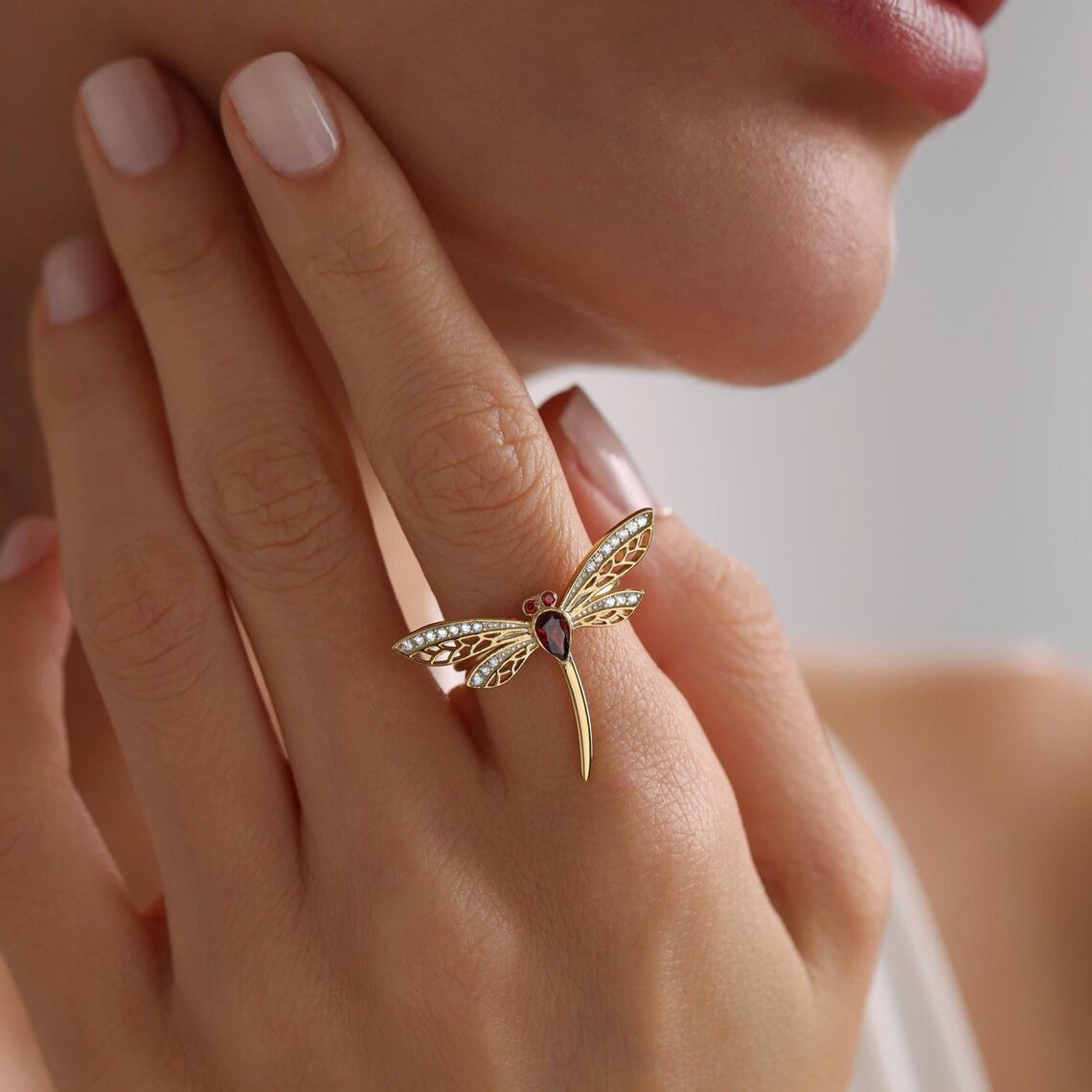 Personalized Dainty Gold Plated Dragonfly Ring with Birthstone