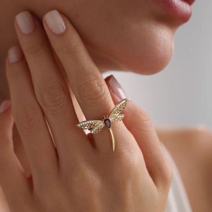 Personalized Dainty Gold Plated Dragonfly Ring with Birthstone