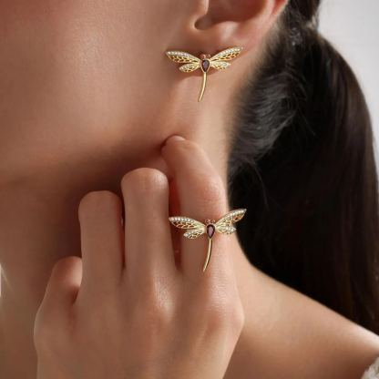 Personalized Dainty Gold Plated Dragonfly Ring with Birthstone