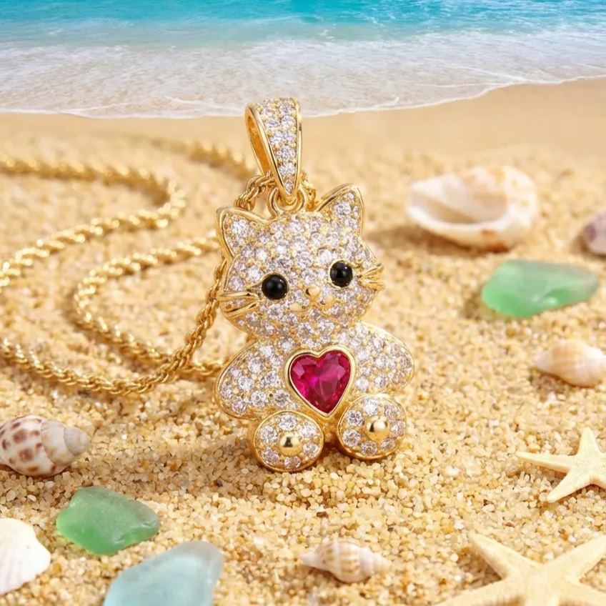 Cute Cat Kitty Pendant with Heart Birthstone Personalized Custom Necklace