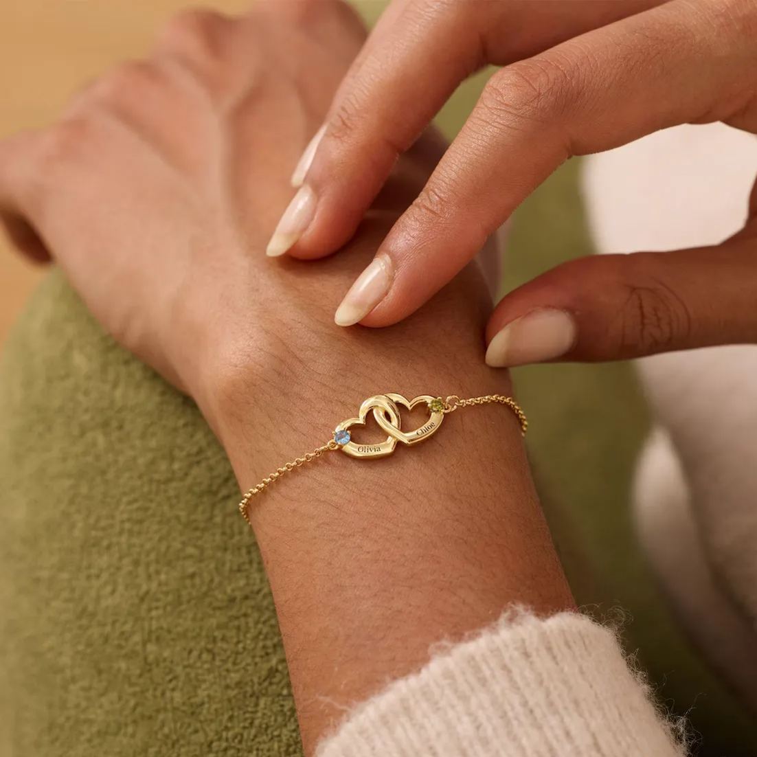 Couple Bracelet Personalized Double Hearts Engraved Name with Birthstone Bracelet