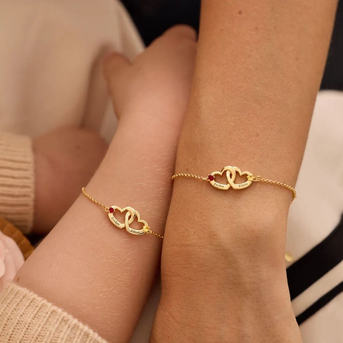 Couple Bracelet Personalized Double Hearts Engraved Name with Birthstone Bracelet