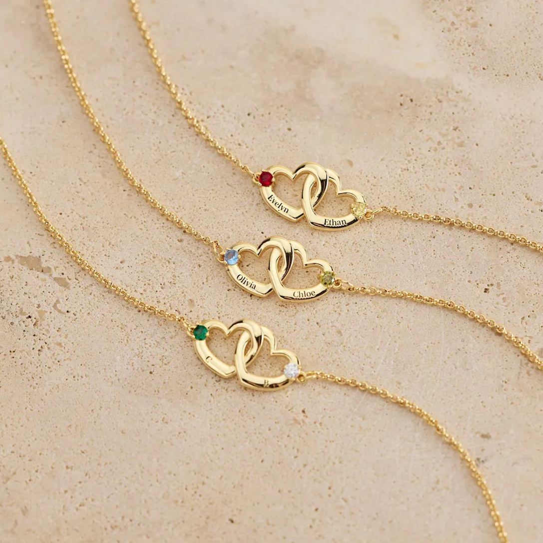 Couple Bracelet Personalized Double Hearts Engraved Name with Birthstone Bracelet