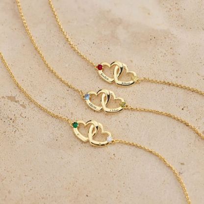 Couple Bracelet Personalized Double Hearts Engraved Name with Birthstone Bracelet
