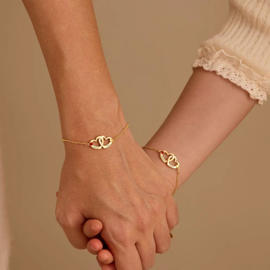 Couple Bracelet Personalized Double Hearts Engraved Name with Birthstone Bracelet