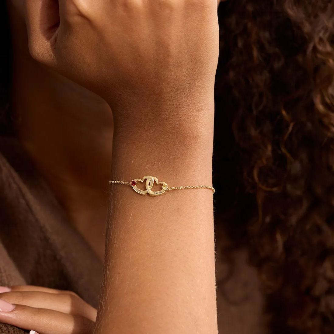 Couple Bracelet Personalized Double Hearts Engraved Name with Birthstone Bracelet