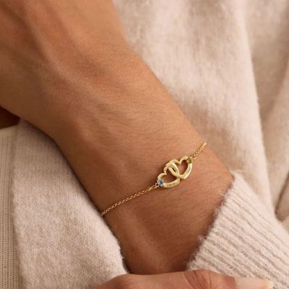Couple Bracelet Personalized Double Hearts Engraved Name with Birthstone Bracelet