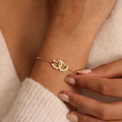 Couple Bracelet Personalized Double Hearts Engraved Name with Birthstone Bracelet