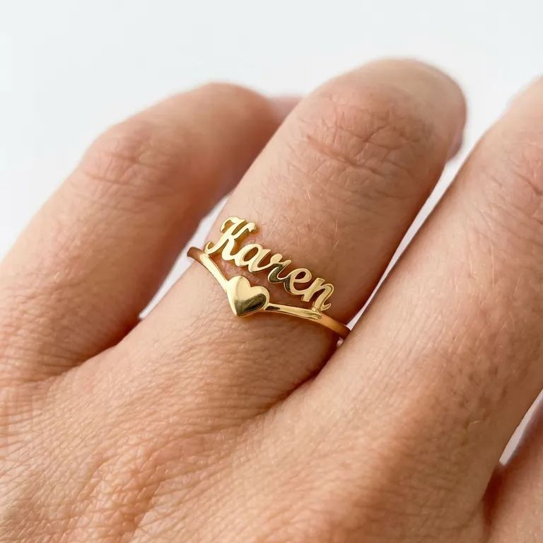 [Copy]Personalized Name Ring with Two Zirconia Hearts Gold Plated