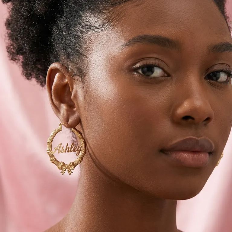 Custom Personalized Bowtie Ribbon Bamboo Earrings with Nameplate