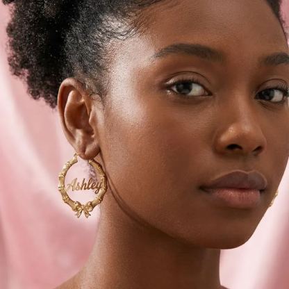 Custom Personalized Bowtie Ribbon Bamboo Earrings with Nameplate