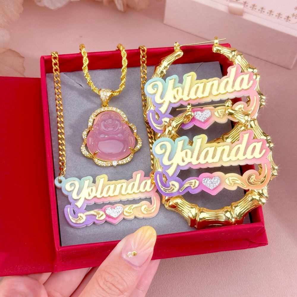 Pink Buddha Necklace Colorful Acrylic Heart Name Necklace and Bamboo Earrings Set 3pcs