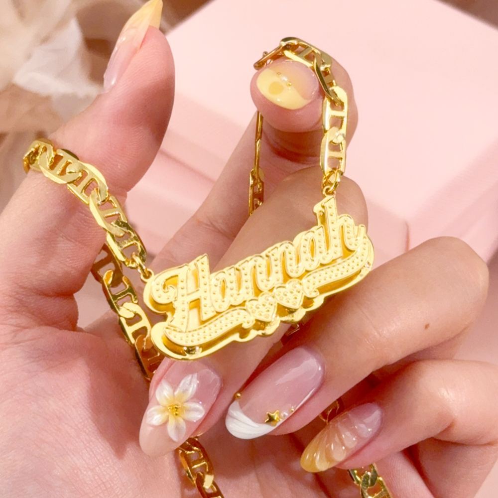 Double Layer Two Hearts Nameplated Pendant Personalized 3D Name Necklace
