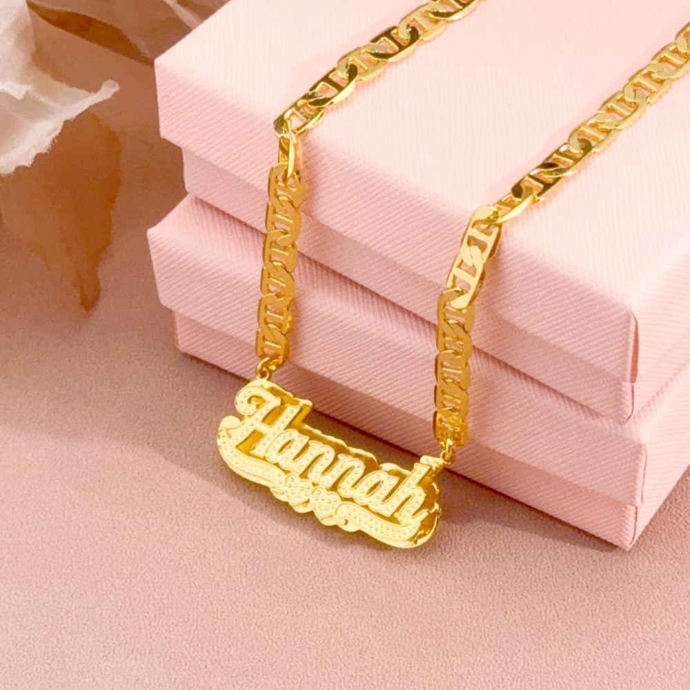 Double Layer Two Hearts Nameplated Pendant Personalized 3D Name Necklace