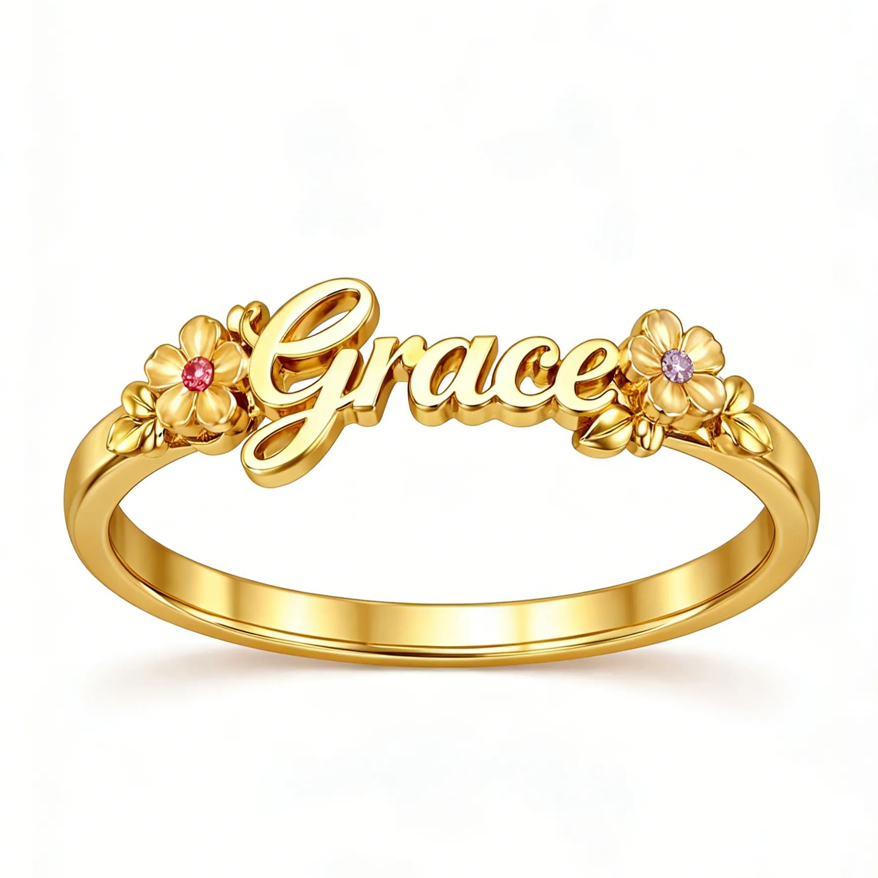 Personalized Two Birthstones Flower Name Ring Gift For Mom