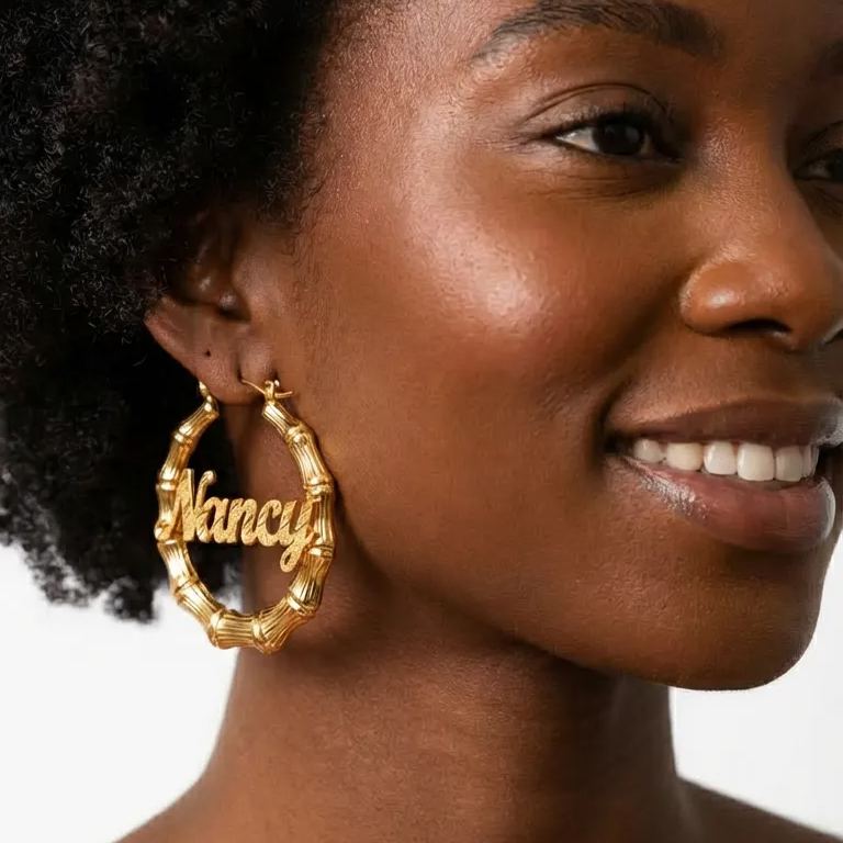 [Copy]Custom Zirconia Hoop Earrings with Heart Nameplate