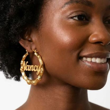 [Copy]Custom Zirconia Hoop Earrings with Heart Nameplate