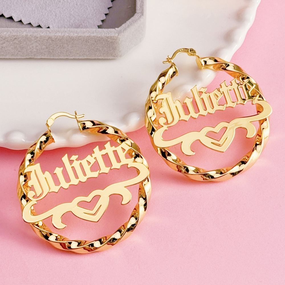 Custom Old English Name with Heart Twist Hoop Earrings