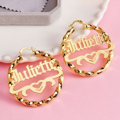 Custom Old English Name with Heart Twist Hoop Earrings
