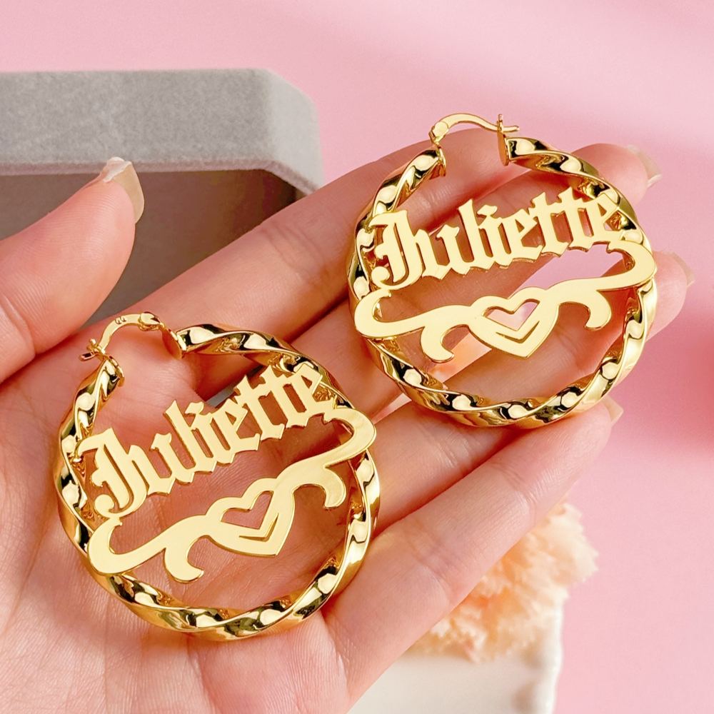 Custom Old English Name with Heart Twist Hoop Earrings