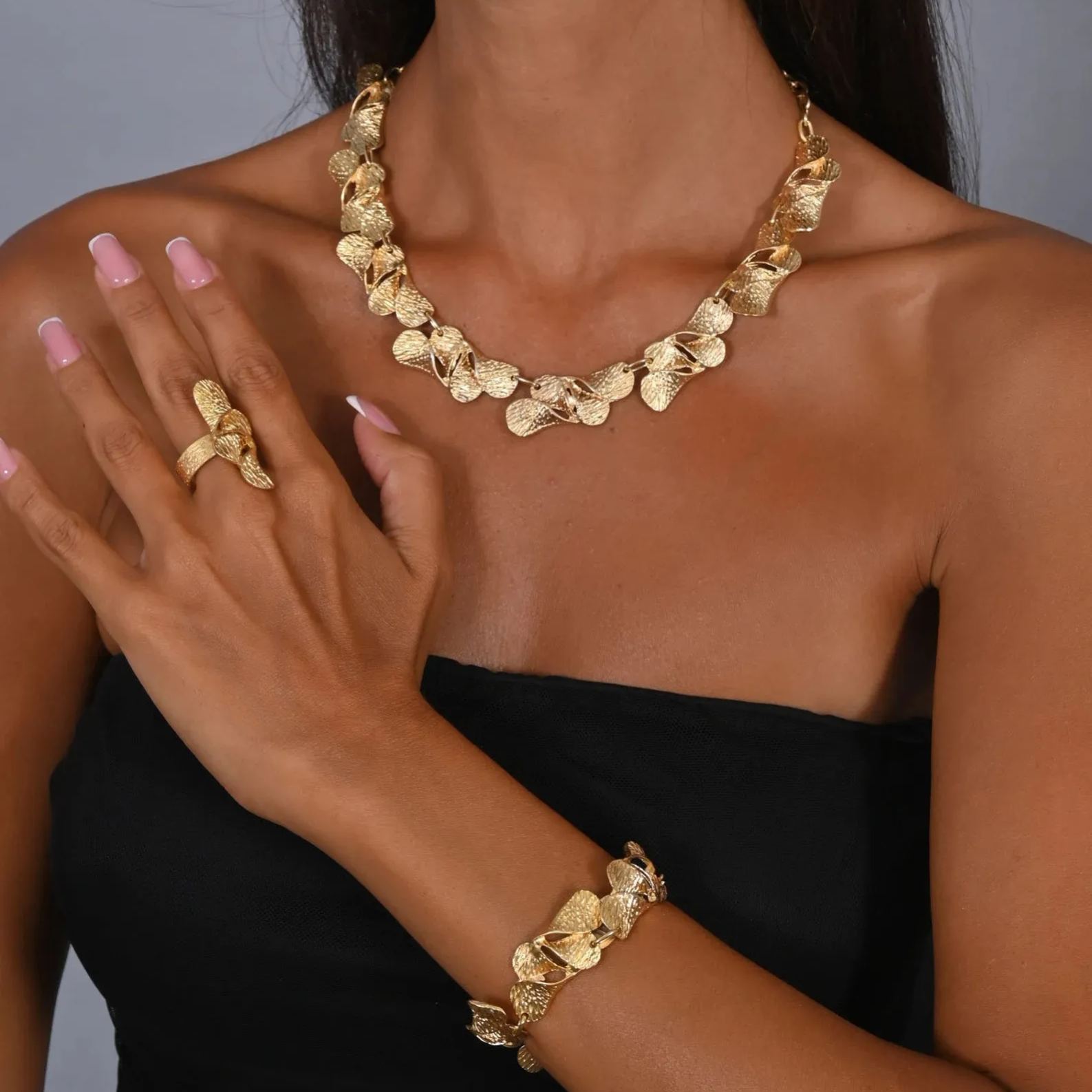 Gold Plated Ethnic boho Jewelry Set Necklace and Bracelet and Ring