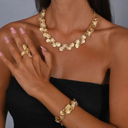 Gold Plated Ethnic boho Jewelry Set Necklace and Bracelet and Ring