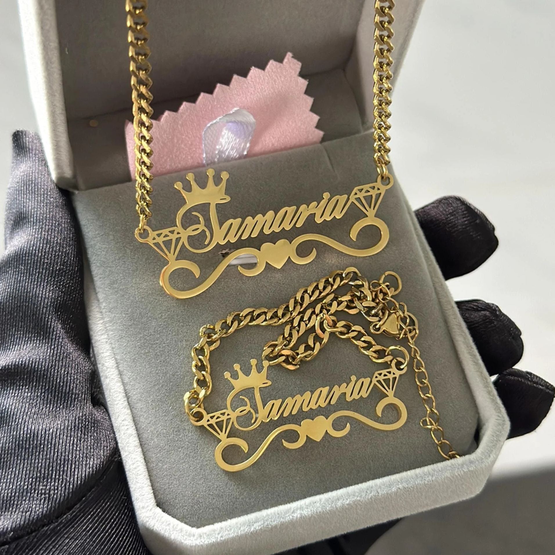 Gold Plated Personalized Heart Crown Name Necklace