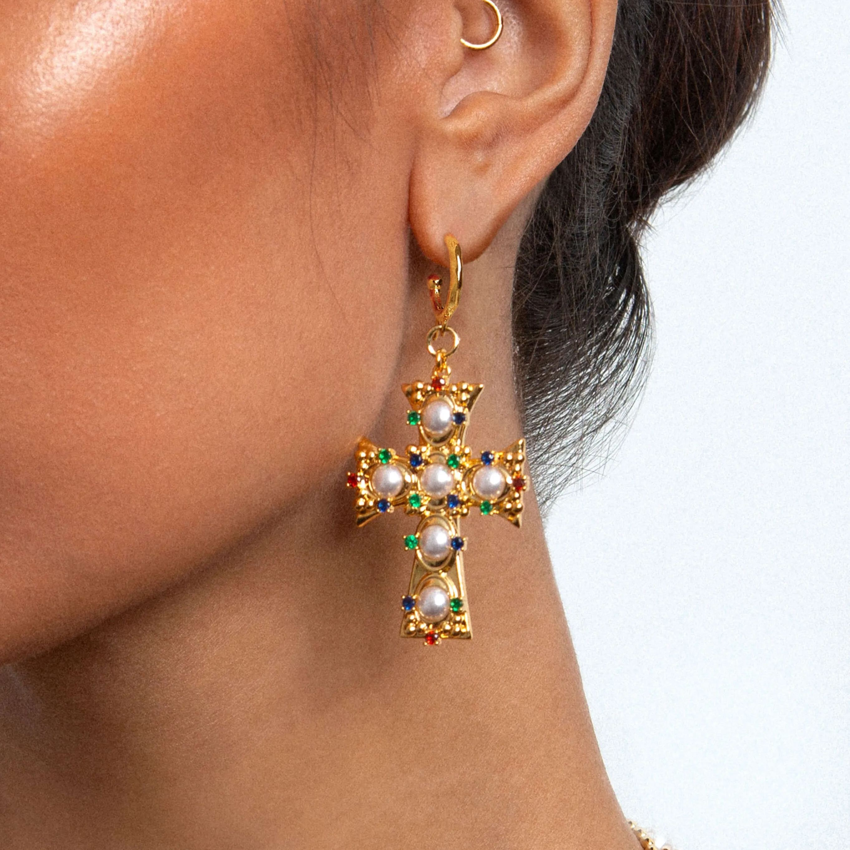 Lover of Helius Pearl Cross Earrings