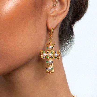 Lover of Helius Pearl Cross Earrings