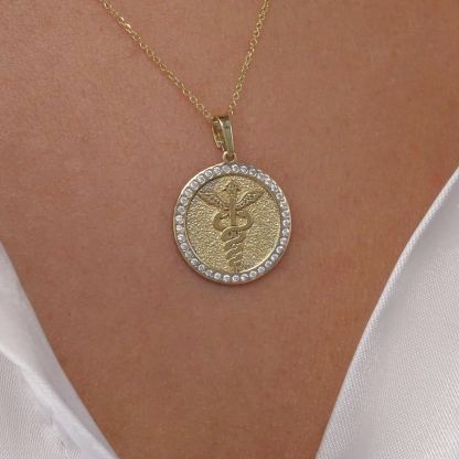 Gold Plated Diamonds Caduceus Necklace with Medical Symbol