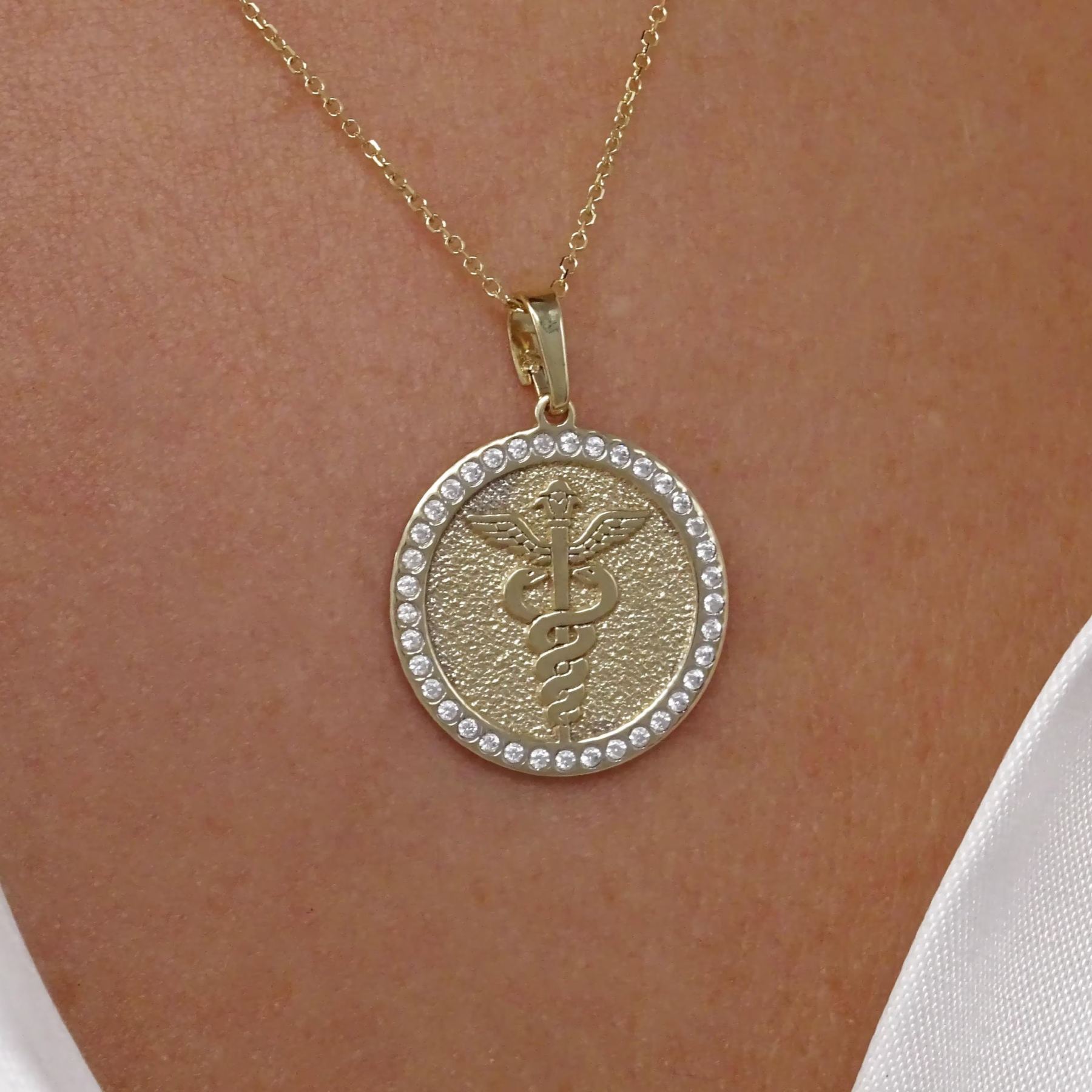 Gold Plated Diamonds Caduceus Necklace with Medical Symbol