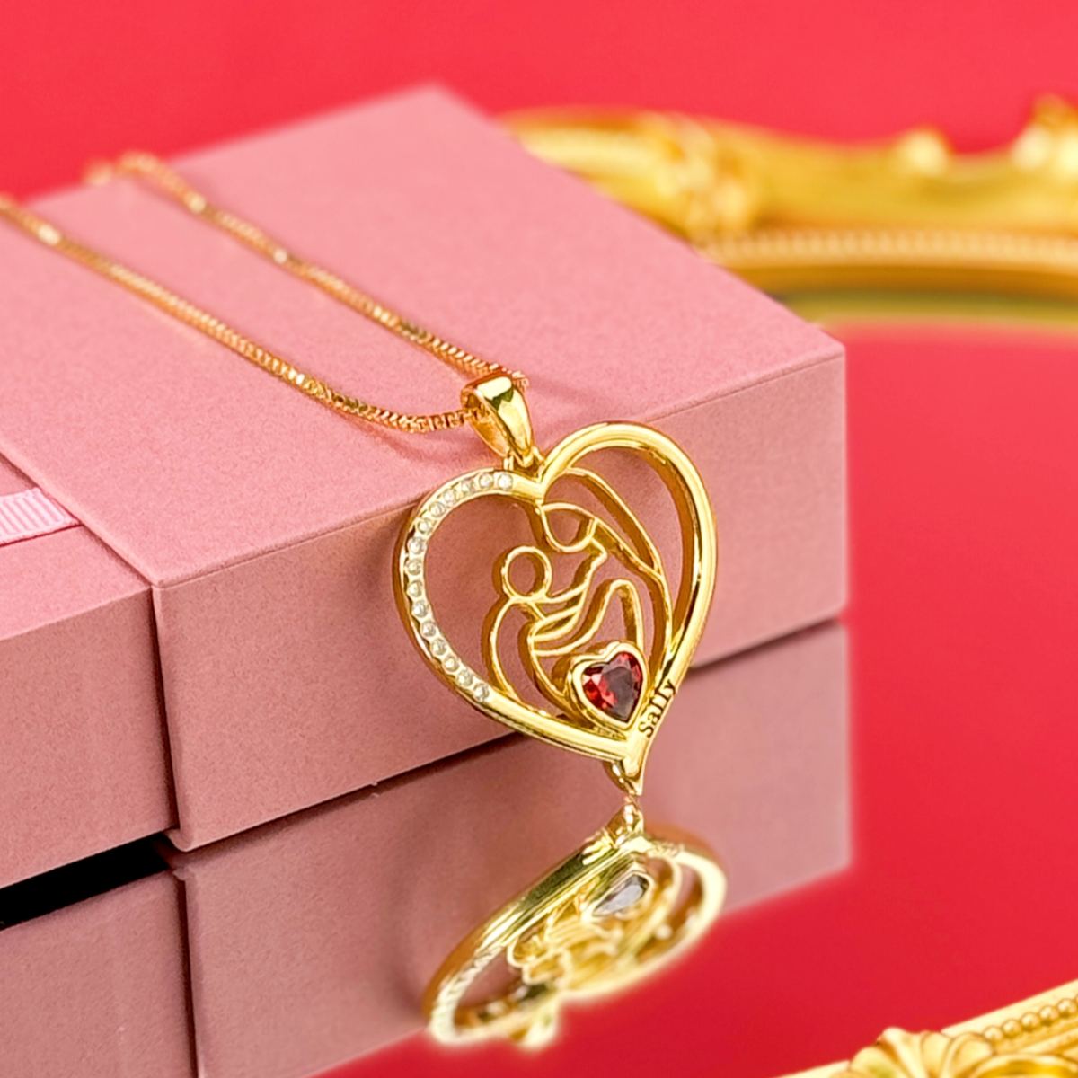 Custom Heart Necklace For Mom with Birthstone Box Chain Mother Gift