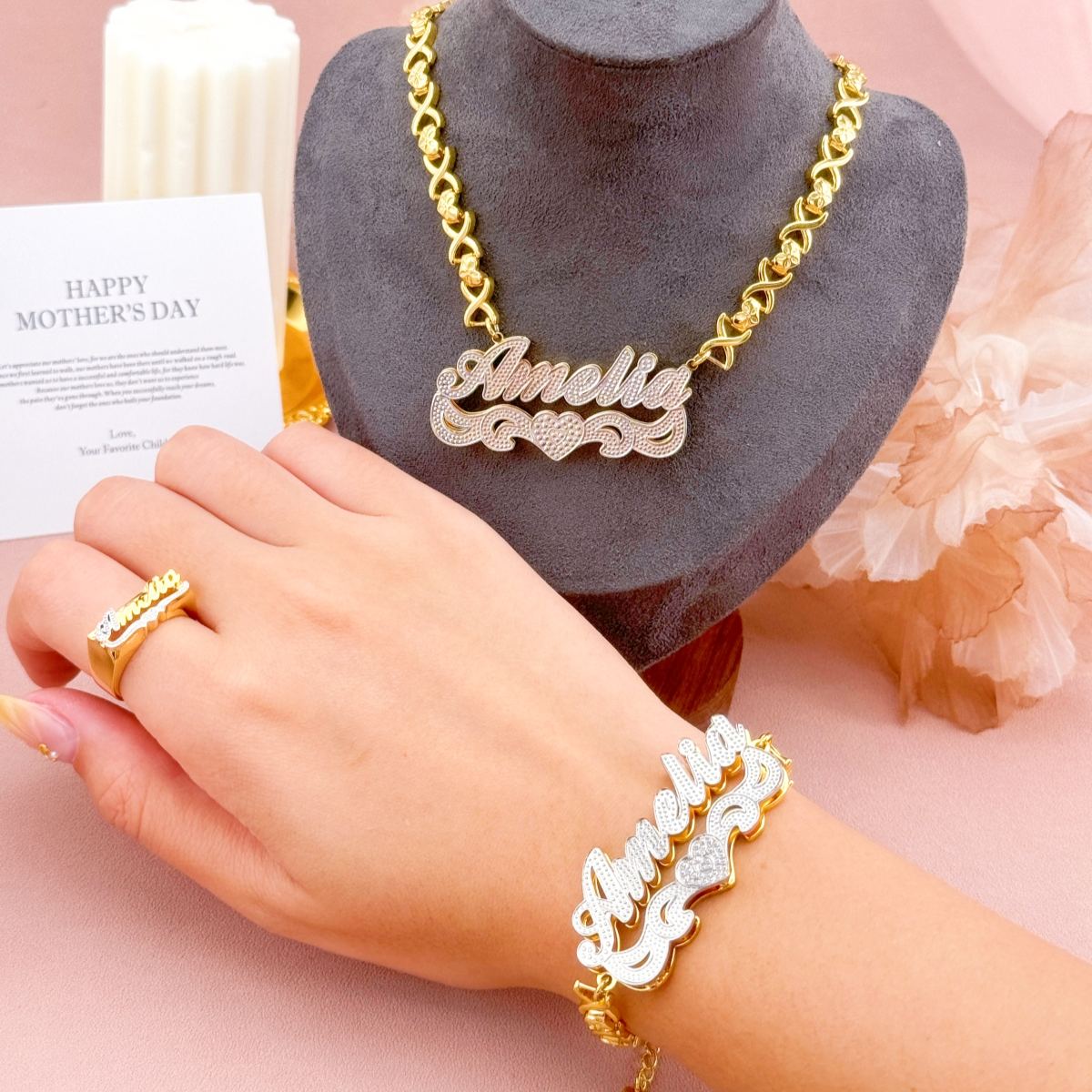 Double Layer Two Tone Nameplate with XOXO Chain Personalized Name Necklace Bracelet and Ring Set